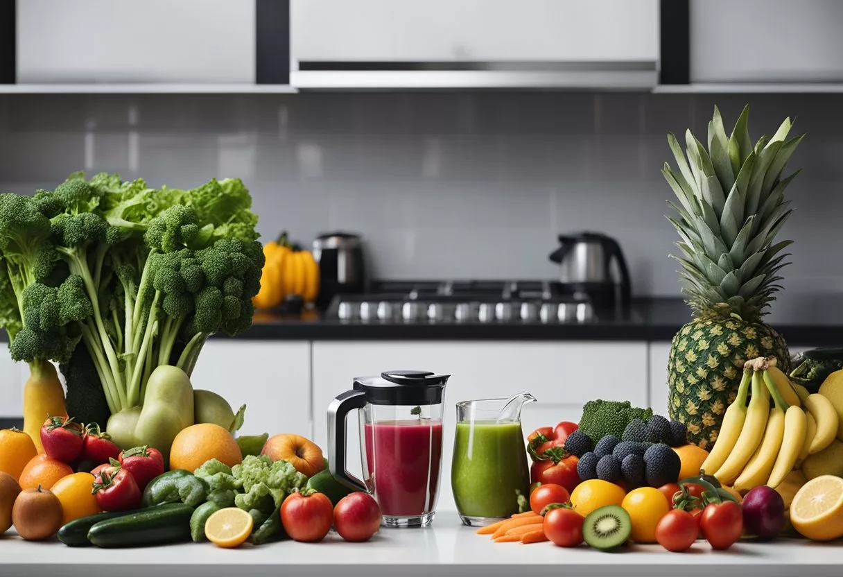 A variety of fresh fruits and vegetables arranged neatly on a kitchen counter, alongside a blender and a stack of recipe books