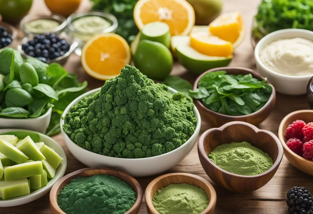 A variety of fresh fruits and vegetables, such as kale, spinach, berries, and avocado, are displayed alongside superfood powders like matcha and spirulina, all labeled with their respective health benefits