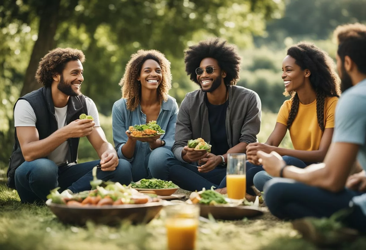 A group of diverse individuals engaging in conversation, sharing plant-based meals, and participating in outdoor activities, reflecting the positive psychological and social effects of a long-term vegan diet