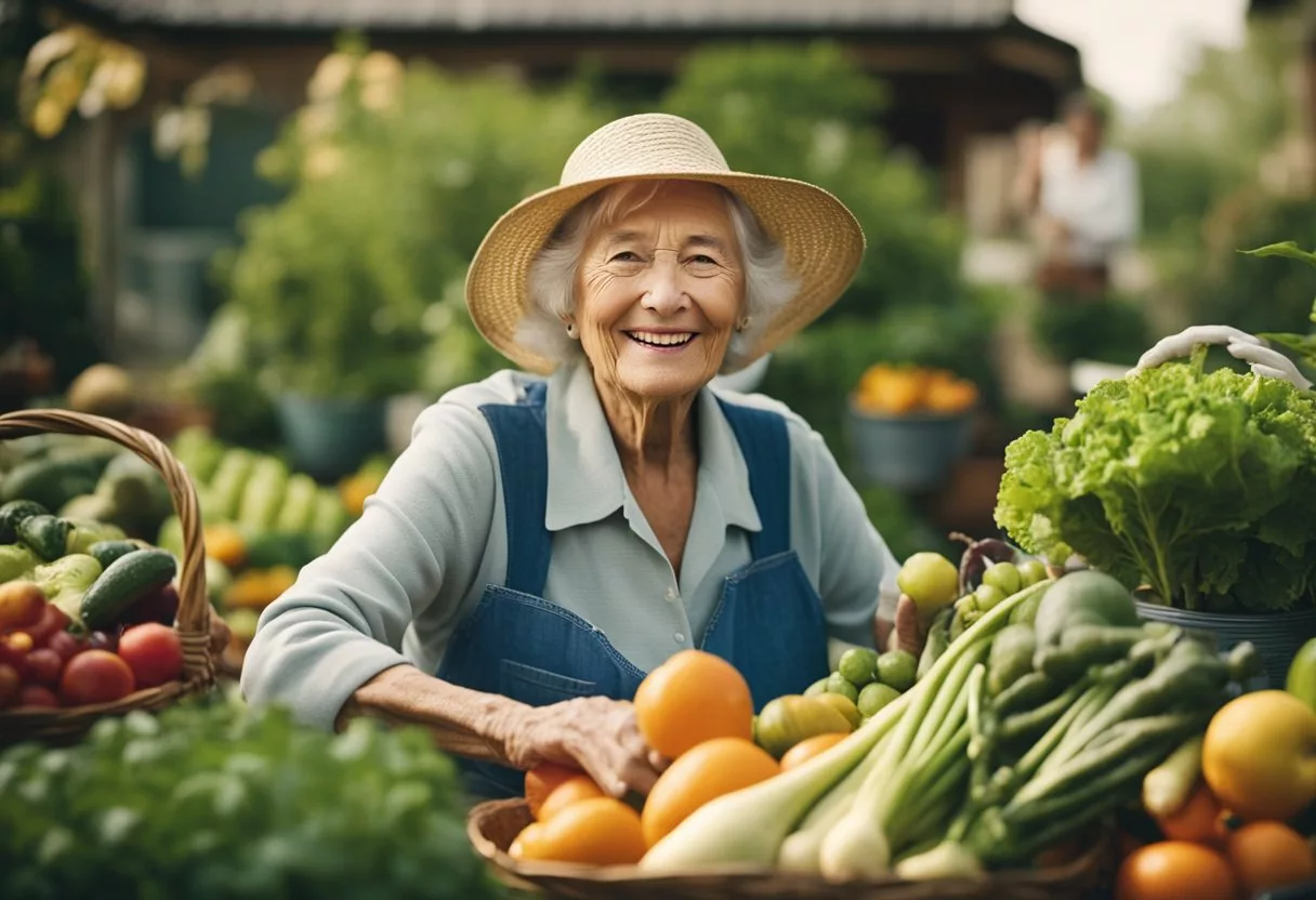 An elderly woman happily gardening, surrounded by diverse fruits and vegetables, representing the long-term effects of a vegan diet on different populations