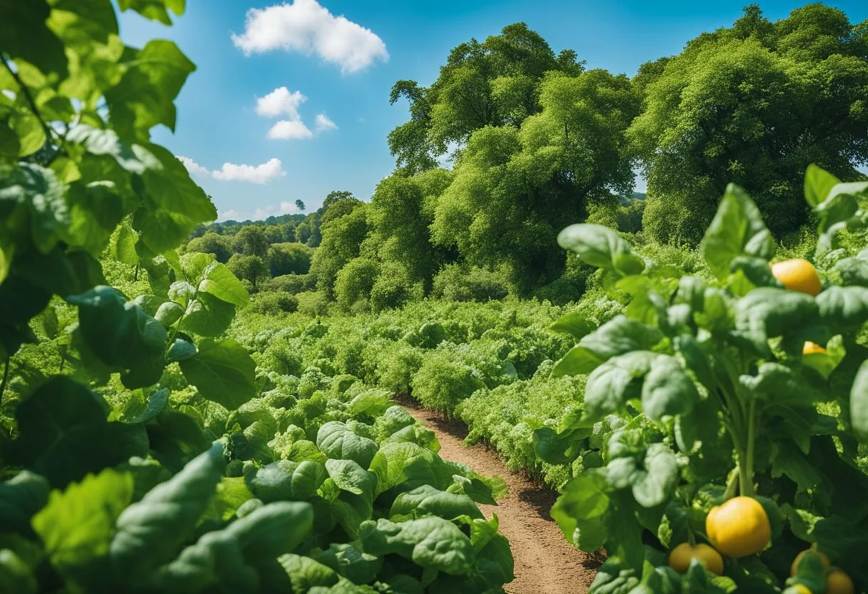 A lush green landscape with vibrant fruits and vegetables growing abundantly, surrounded by healthy wildlife and clear blue skies