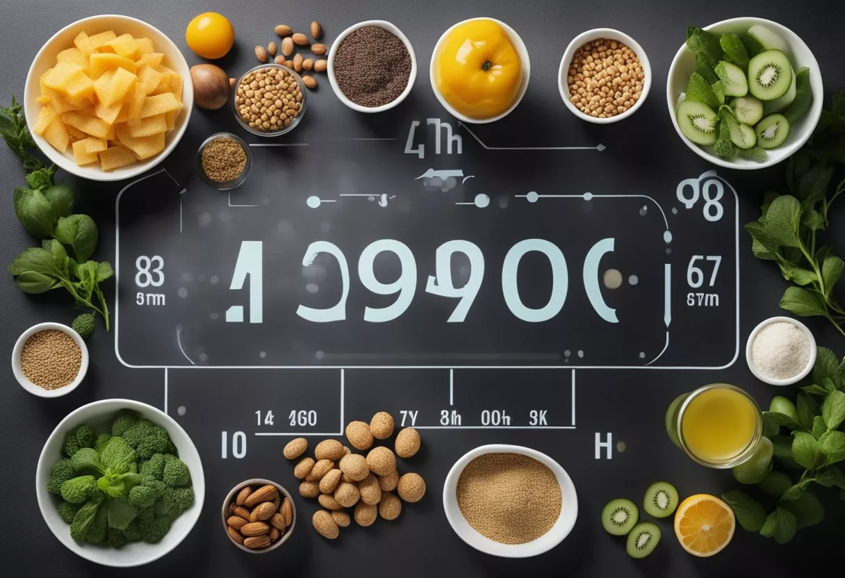 A table with various plant-based foods, a scale measuring health markers, and a timeline showing long-term changes in health and well-being