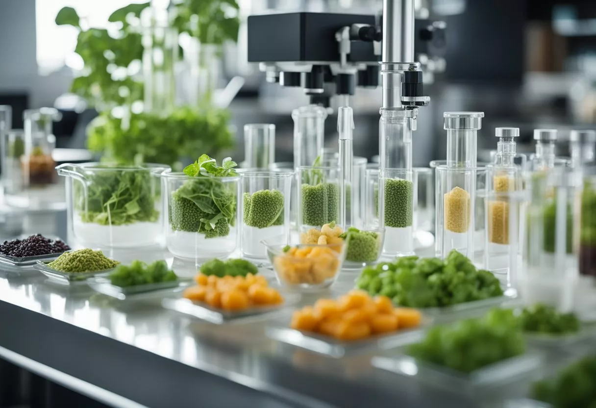 A lab setting with plant-based food samples, scientific equipment, and data charts on long-term health effects
