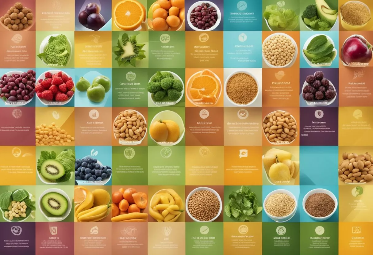 A colorful array of fruits, vegetables, grains, and legumes, with a focus on plant-based proteins and essential nutrients. Charts and graphs displaying long-term health benefits of a vegan diet