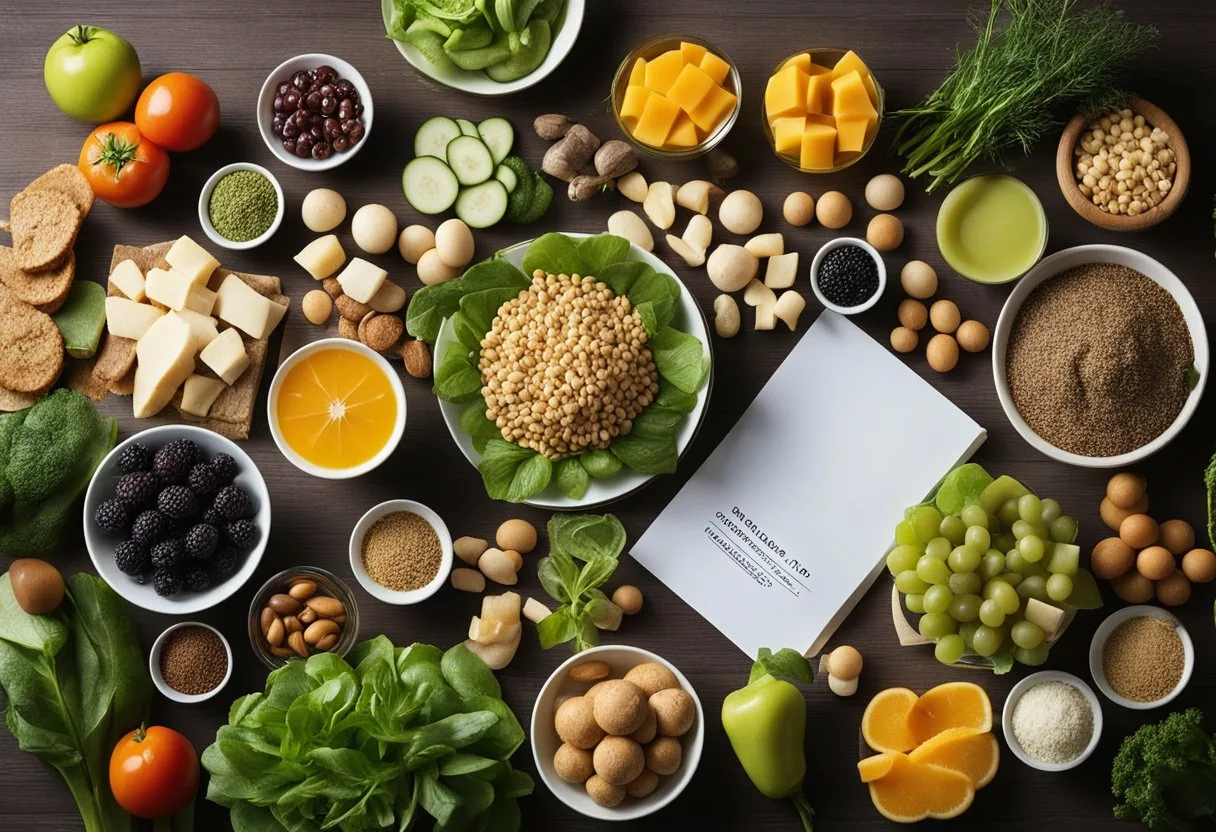 A table with a spread of plant-based foods, surrounded by question marks and a list of long-term effects