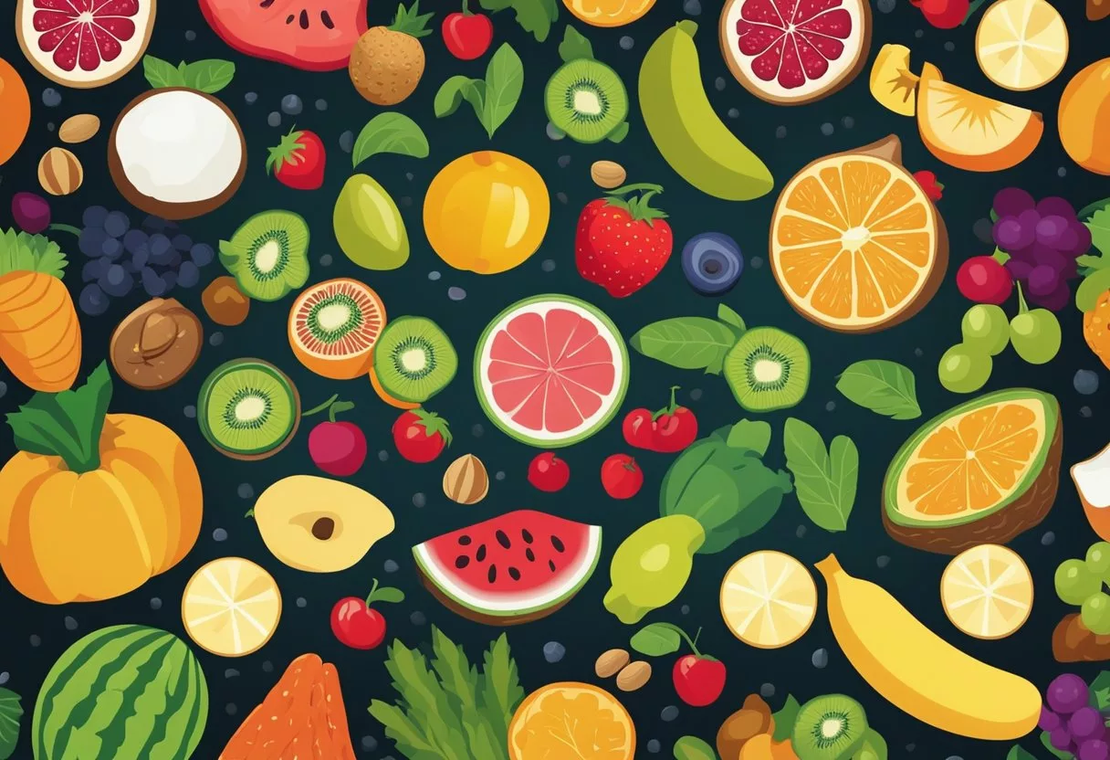 A colorful array of fresh fruits, vegetables, nuts, and grains fill the center of the illustration, surrounded by vibrant, healthy individuals engaged in various physical activities