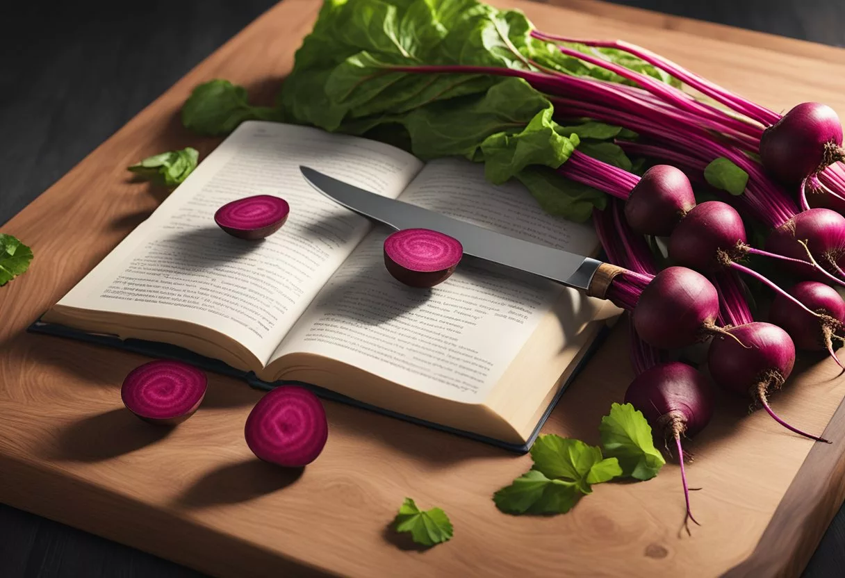 A pile of vibrant beets arranged on a wooden cutting board, with a knife nearby and a recipe book open to a page about the health benefits of beets