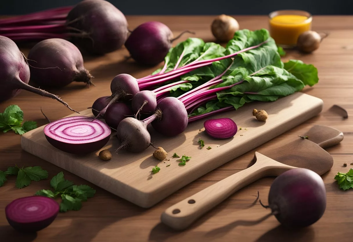 A pile of beets arranged on a cutting board, surrounded by various nutrient labels and a list of health benefits