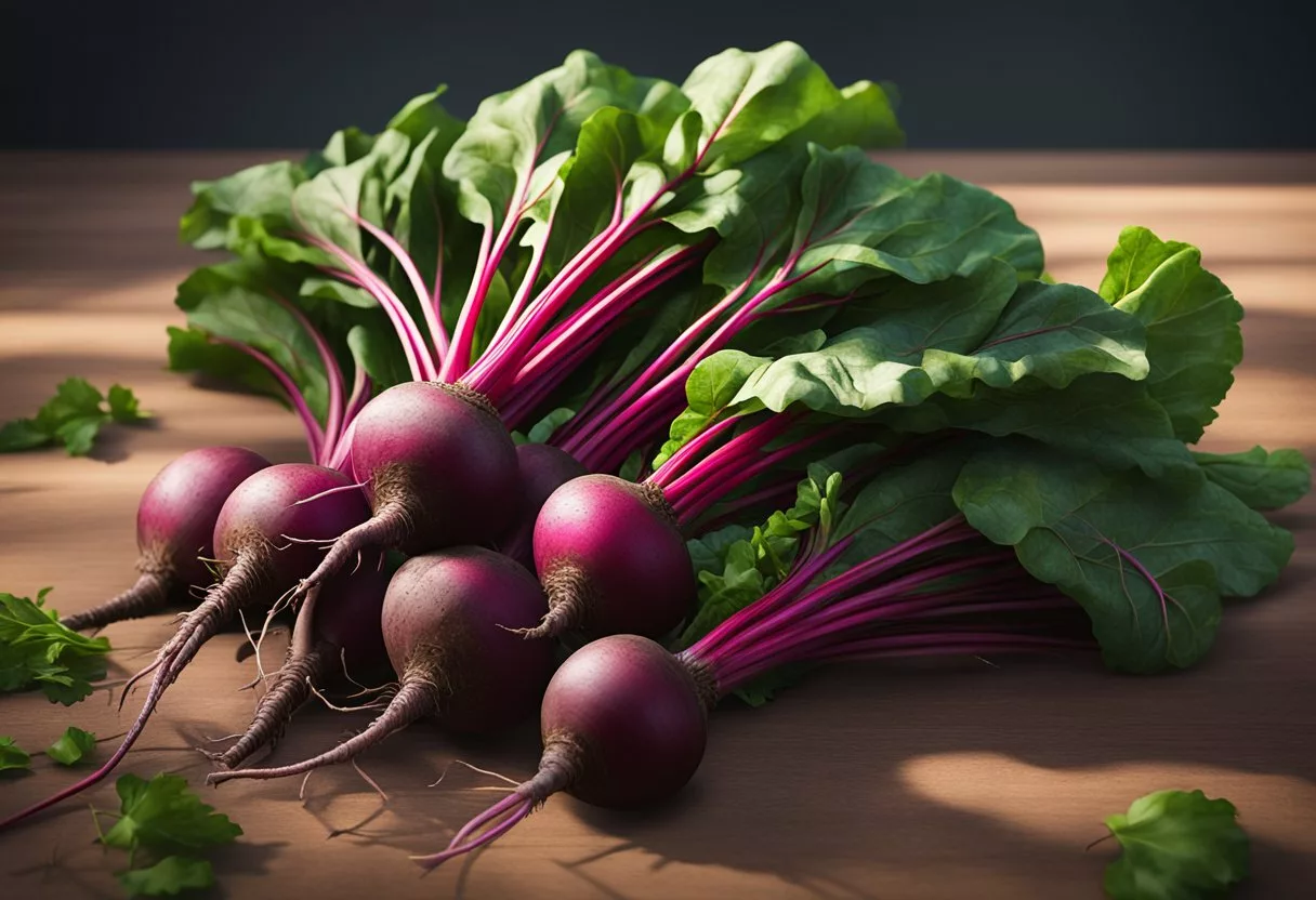 A pile of beets with vibrant red and green colors, surrounded by leafy green tops