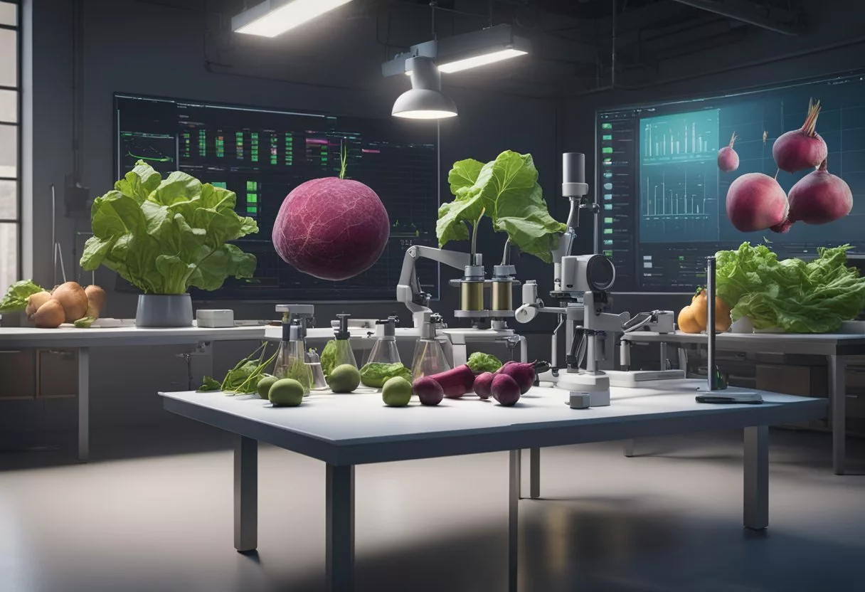 A lab table with beets, microscope, and research equipment. Scientific charts and data on the benefits of beets displayed on the wall