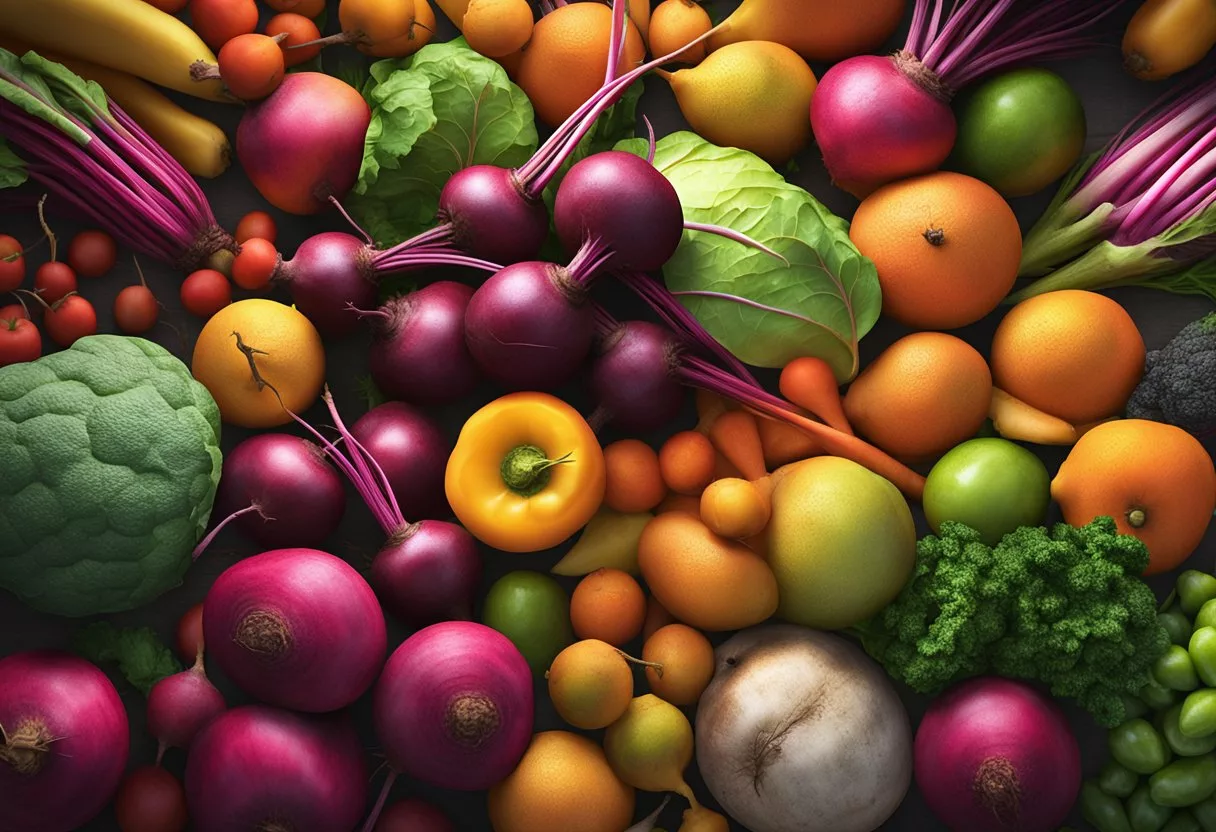 A colorful pile of beets surrounded by various fruits and vegetables, with a prominent sign reading "Beets and Disease Prevention" in a vibrant, inviting font