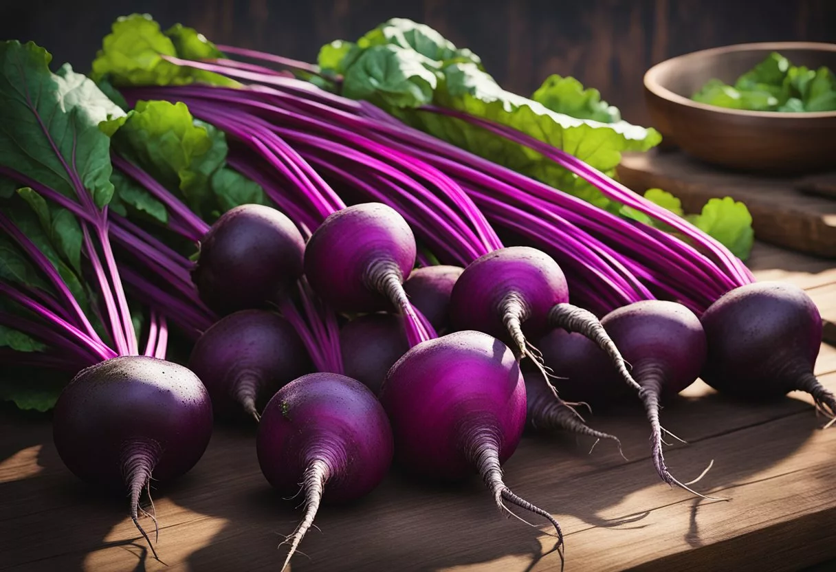 A vibrant bunch of beets, with their deep purple skin and leafy green tops, are displayed on a rustic wooden table, symbolizing their health benefits