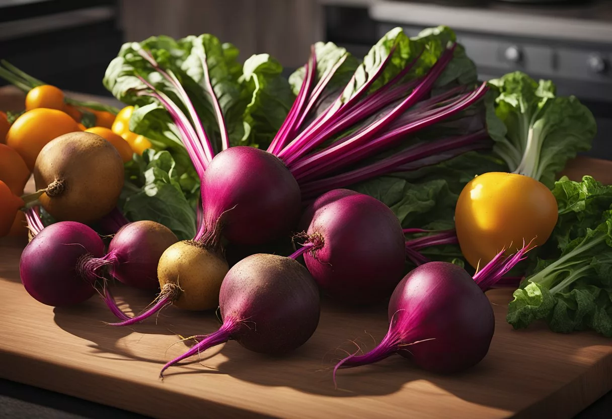 A vibrant pile of beets sits on a wooden cutting board, showcasing their deep red and golden hues. Surrounding them are various fresh vegetables, highlighting their role in a balanced diet
