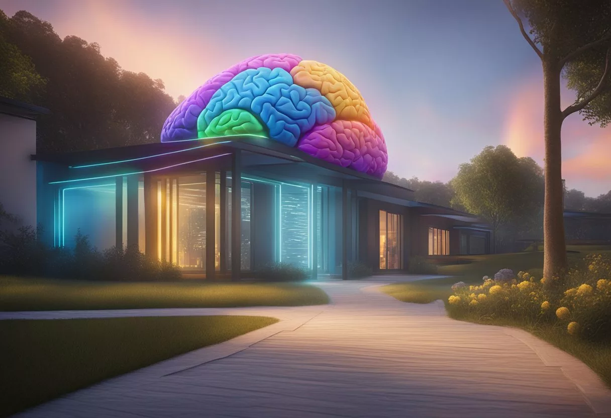 A colorful brain surrounded by lightbulbs, arrows, and nature elements, symbolizing the pathway to happiness