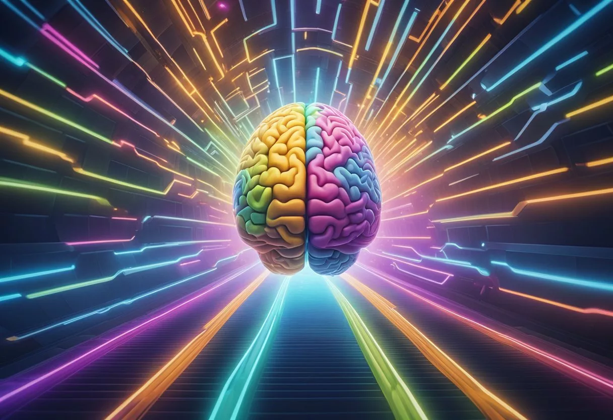 The human brain is depicted with colorful pathways leading to a glowing center, symbolizing the pathway to happiness