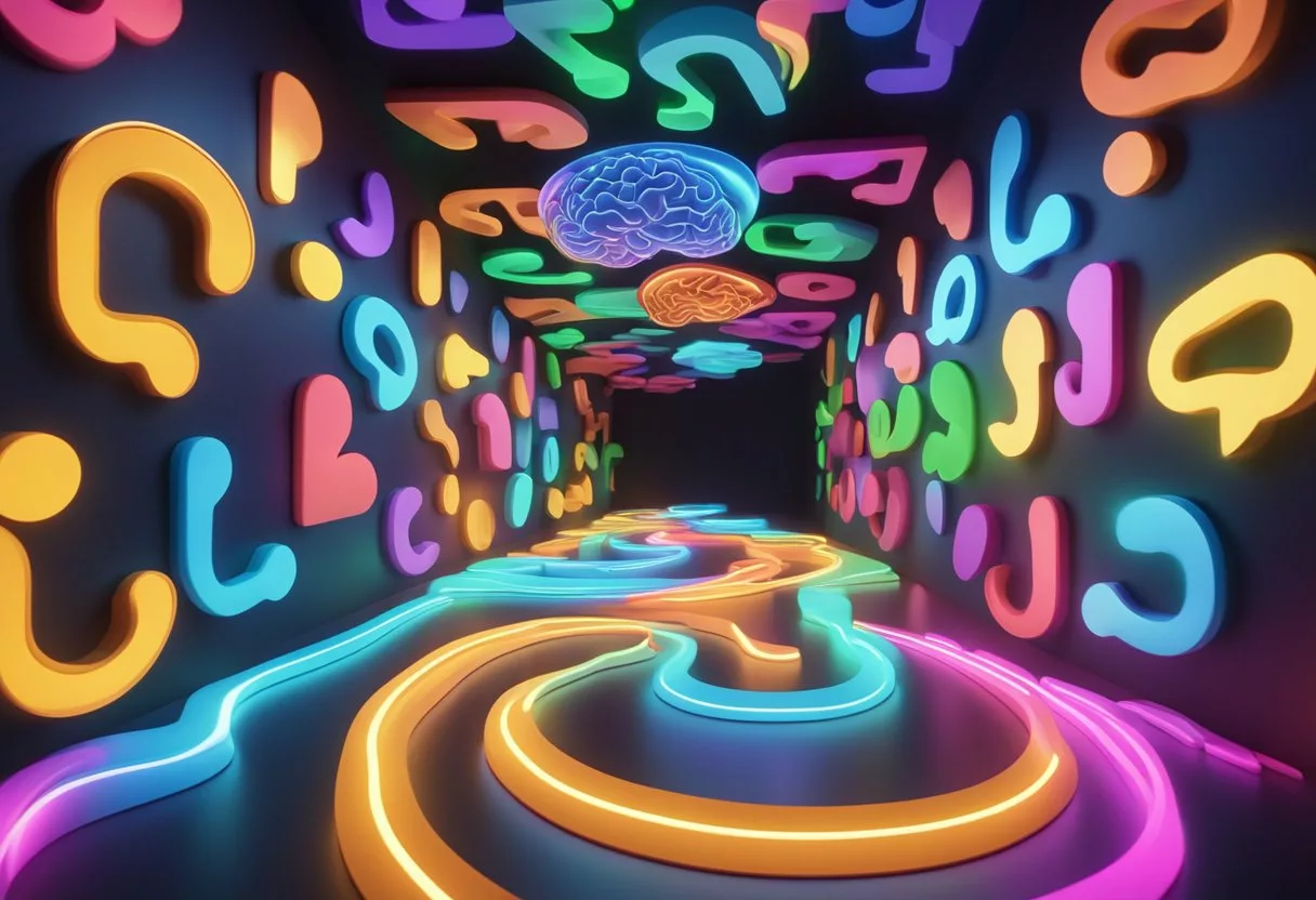 A colorful, winding pathway leads to a glowing brain, surrounded by question marks and happy symbols