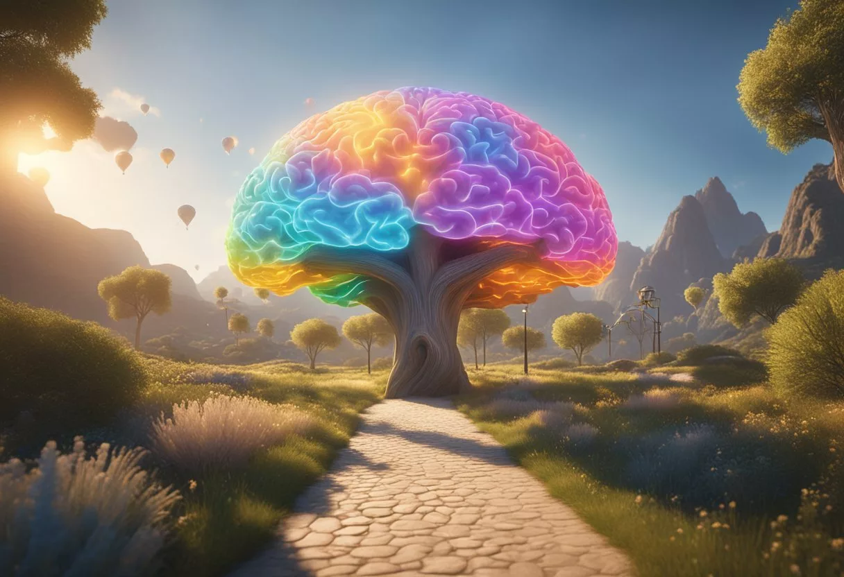 A colorful brain with a glowing pathway leading to a bright, sunny landscape, surrounded by symbols of joy and contentment