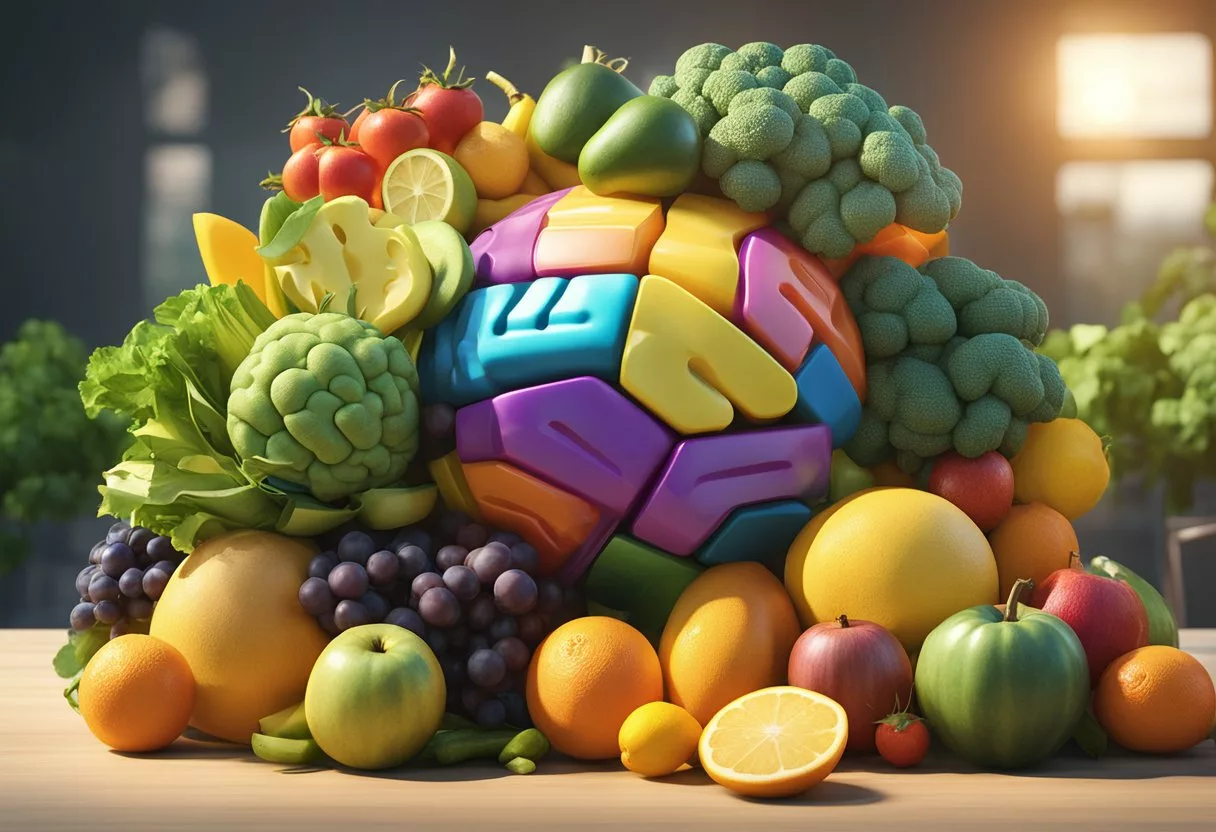 A colorful brain surrounded by fruits, vegetables, and exercise equipment, with a bright sun in the background