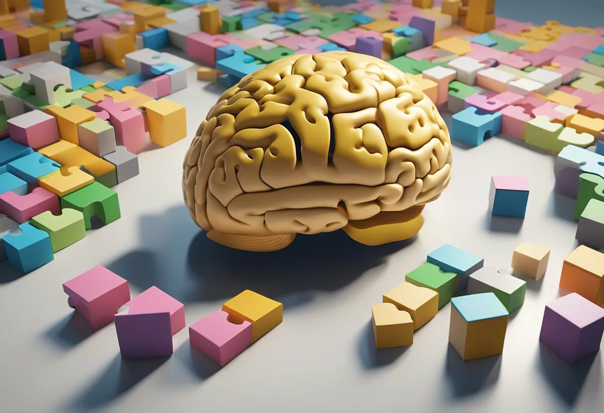 A brain surrounded by puzzle pieces, exercise equipment, and healthy food