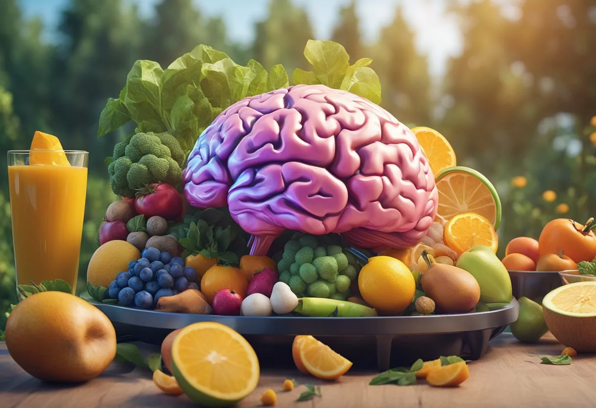 A colorful brain surrounded by various healthy activities and foods, with a vibrant background of nature and exercise