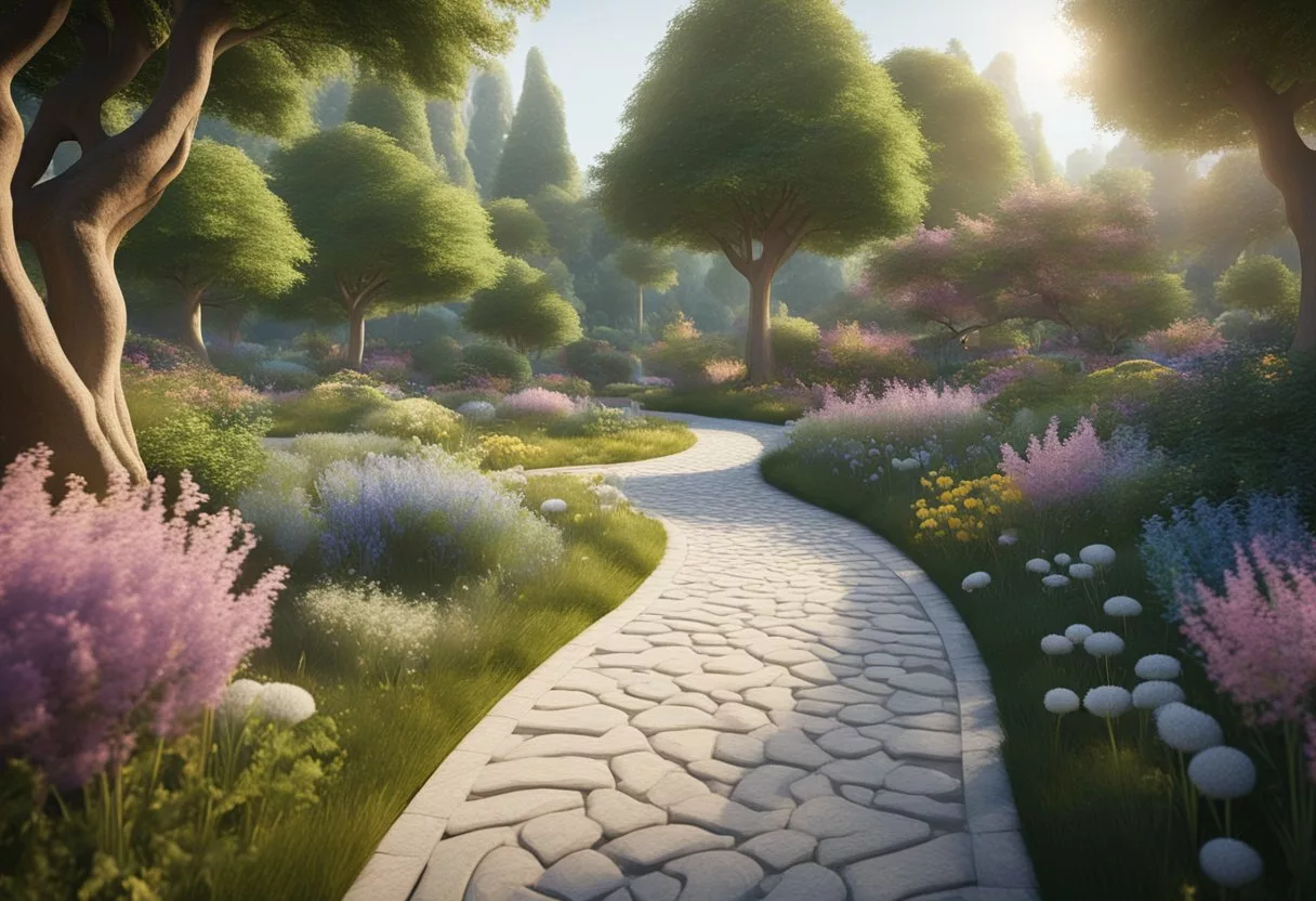A serene landscape with a winding path leading to a vibrant brain-shaped garden, surrounded by symbols of healthy living and mindfulness