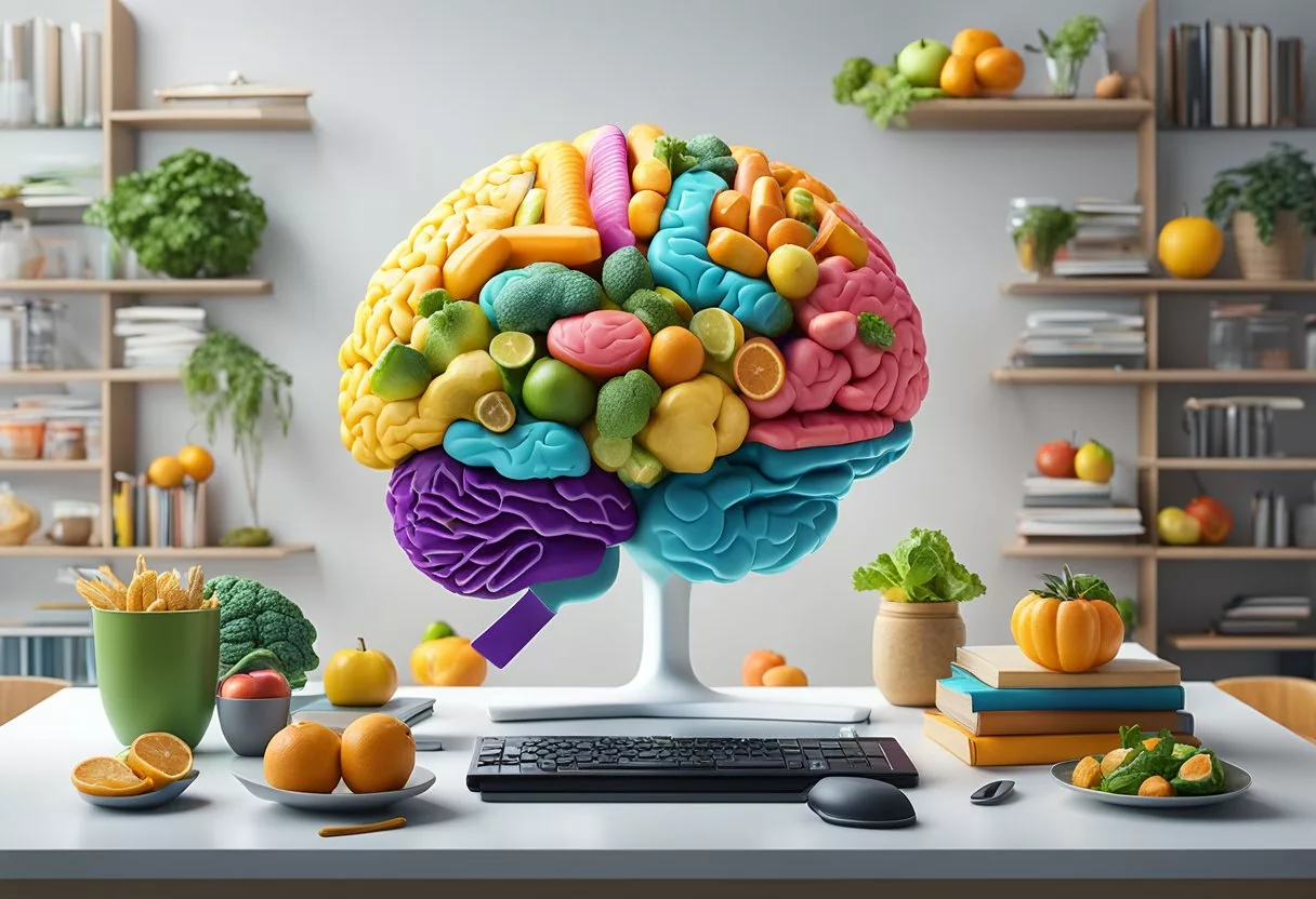 A vibrant brain surrounded by healthy foods, exercise equipment, and books on a clean, organized desk
