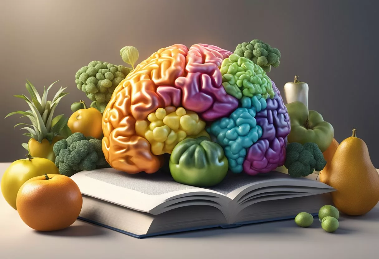A vibrant brain surrounded by symbols of healthy living: fruits, vegetables, exercise equipment, and a book