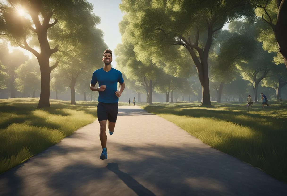 A person jogging in a park, surrounded by trees and nature. The sun is shining, and the person looks happy and energized