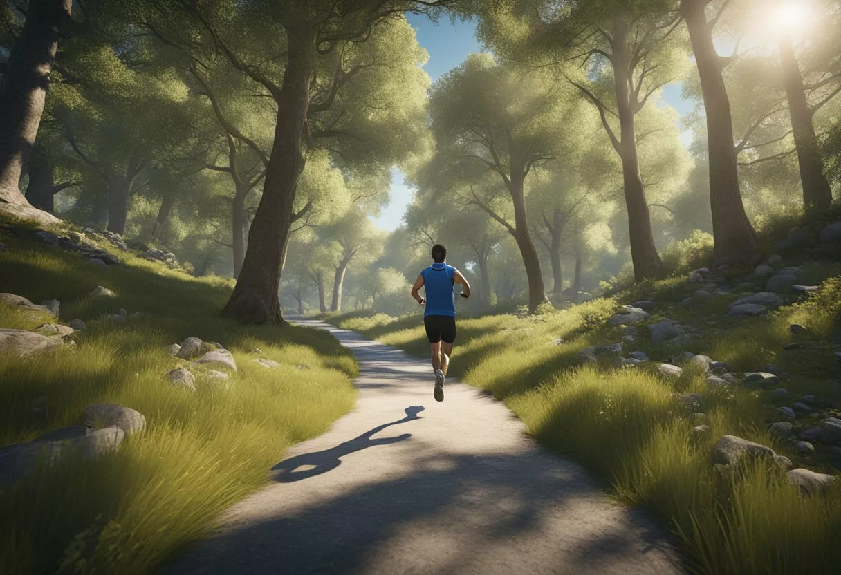 A person running on a scenic trail, surrounded by trees and nature, with a clear blue sky overhead