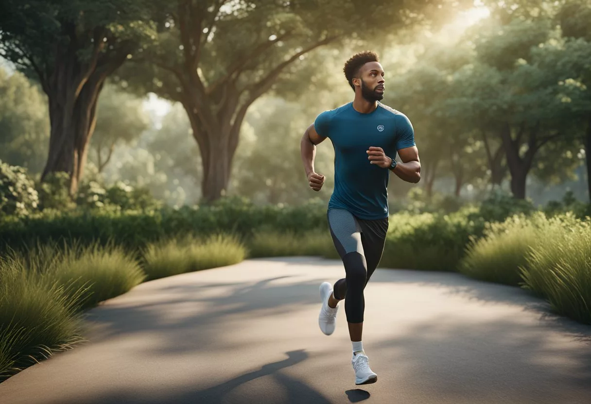 A person exercising in a natural setting, surrounded by greenery and fresh air, with a clear and focused mind
