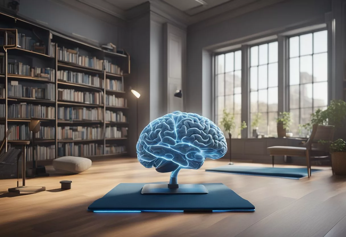 A brain with neurotransmitters connecting to a treadmill, weights, and yoga mat, surrounded by books and a memory puzzle