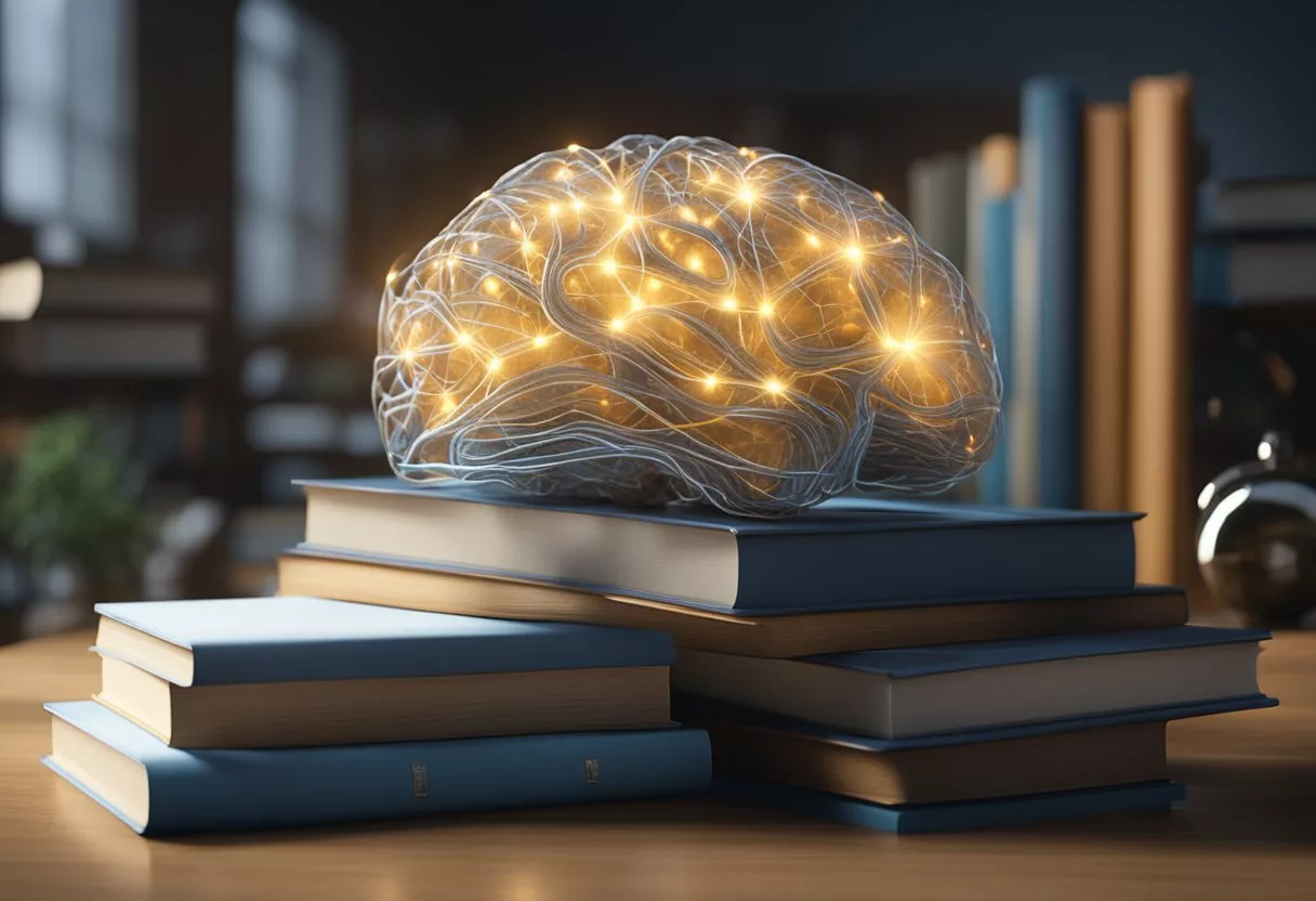 A brain with neural pathways lighting up, surrounded by books and educational materials, symbolizing the impact of intensive learning on brain structure and function
