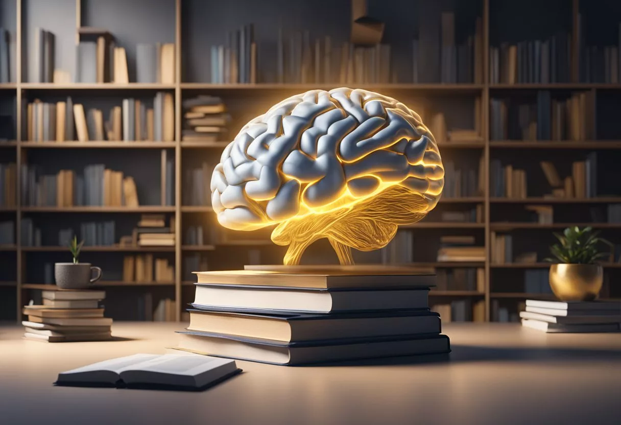 A brain surrounded by books and glowing with energy