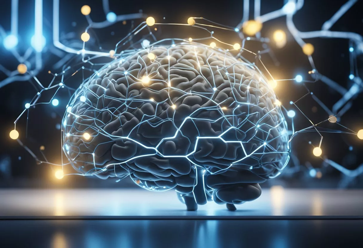 A brain with neural pathways lighting up, surrounded by symbols of learning and technology, representing the impact of intensive learning on brain structure and function