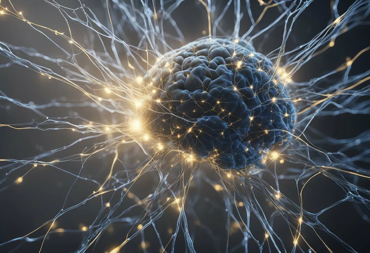 A network of neurons firing rapidly, forming new connections and strengthening existing ones, as information is processed and stored in various regions of the brain