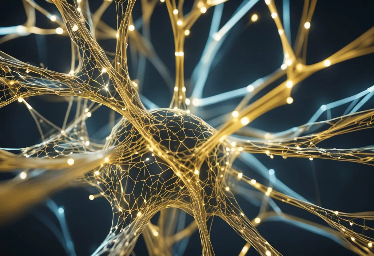 A network of glowing neural pathways intertwines, pulsating with energy, as they dynamically reshape and reorganize in response to intensive learning