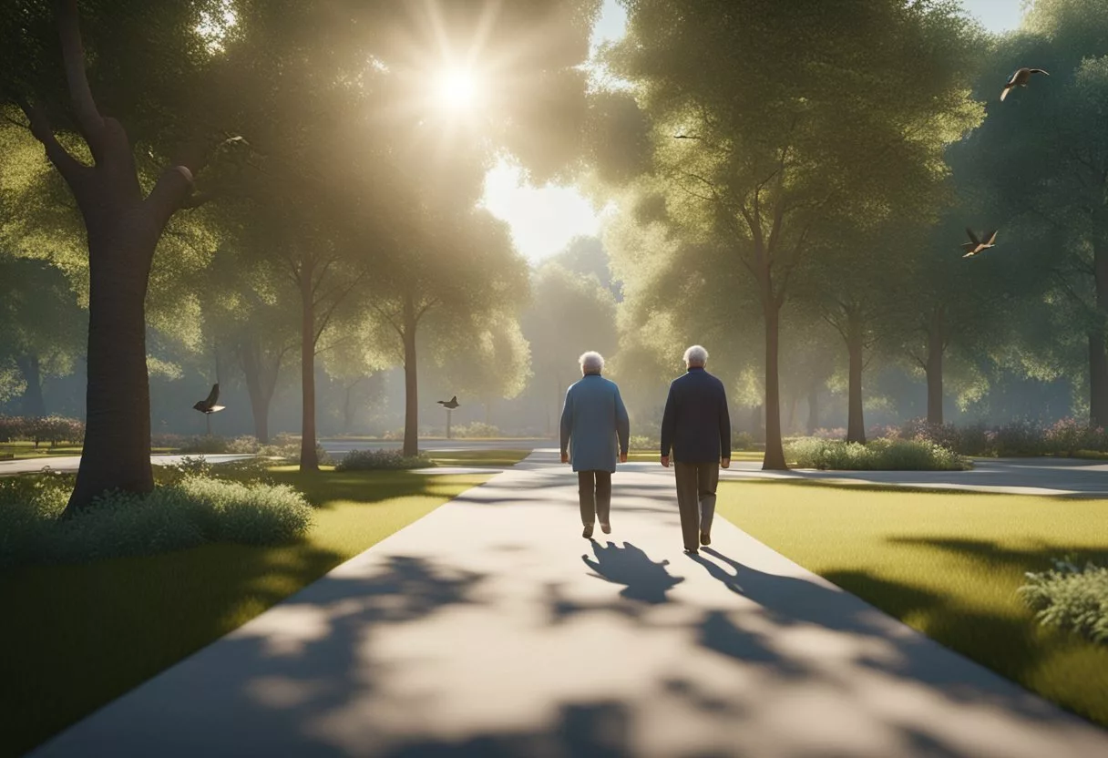 Elderly person walking in a park, surrounded by trees and nature. The sun is shining, and birds are chirping