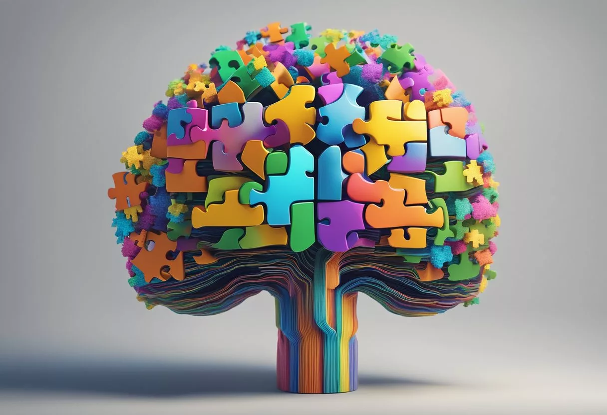Colorful brain surrounded by puzzle pieces, books, and a glowing light bulb, symbolizing mental activity and growth