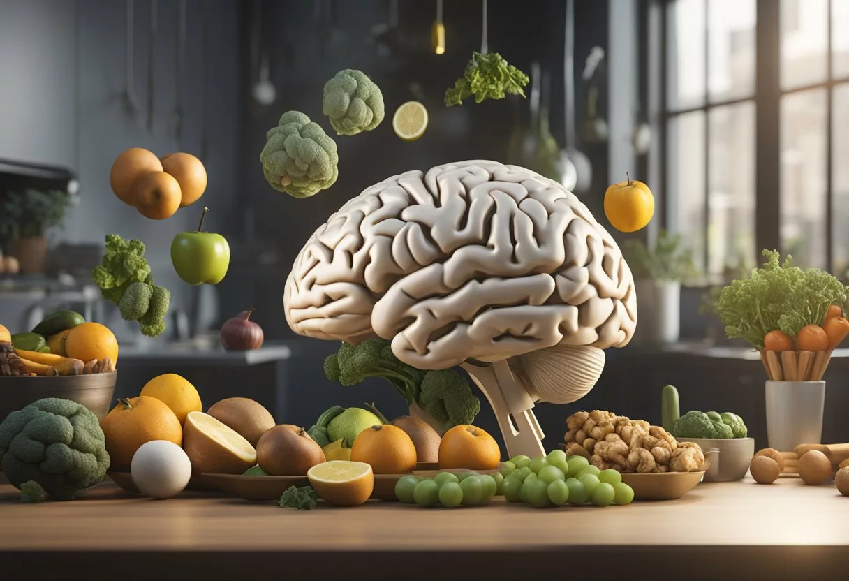A person's brain surrounded by healthy food and exercise equipment