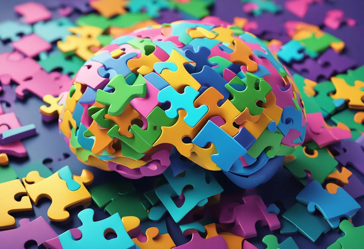 Colorful brain-shaped puzzle pieces scattered on a vibrant background, with question marks and exercise equipment