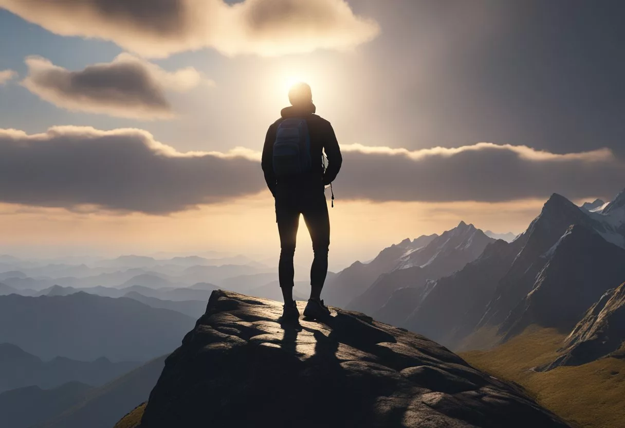 A person's silhouette standing on a mountain peak, surrounded by clouds, with the sun rising in the background, representing the mood-boosting effect of exercise