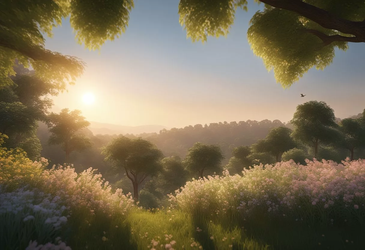 A bright sun rises over a serene landscape, with lush greenery and blooming flowers. Birds chirp happily as a gentle breeze rustles the leaves, creating a peaceful and uplifting atmosphere
