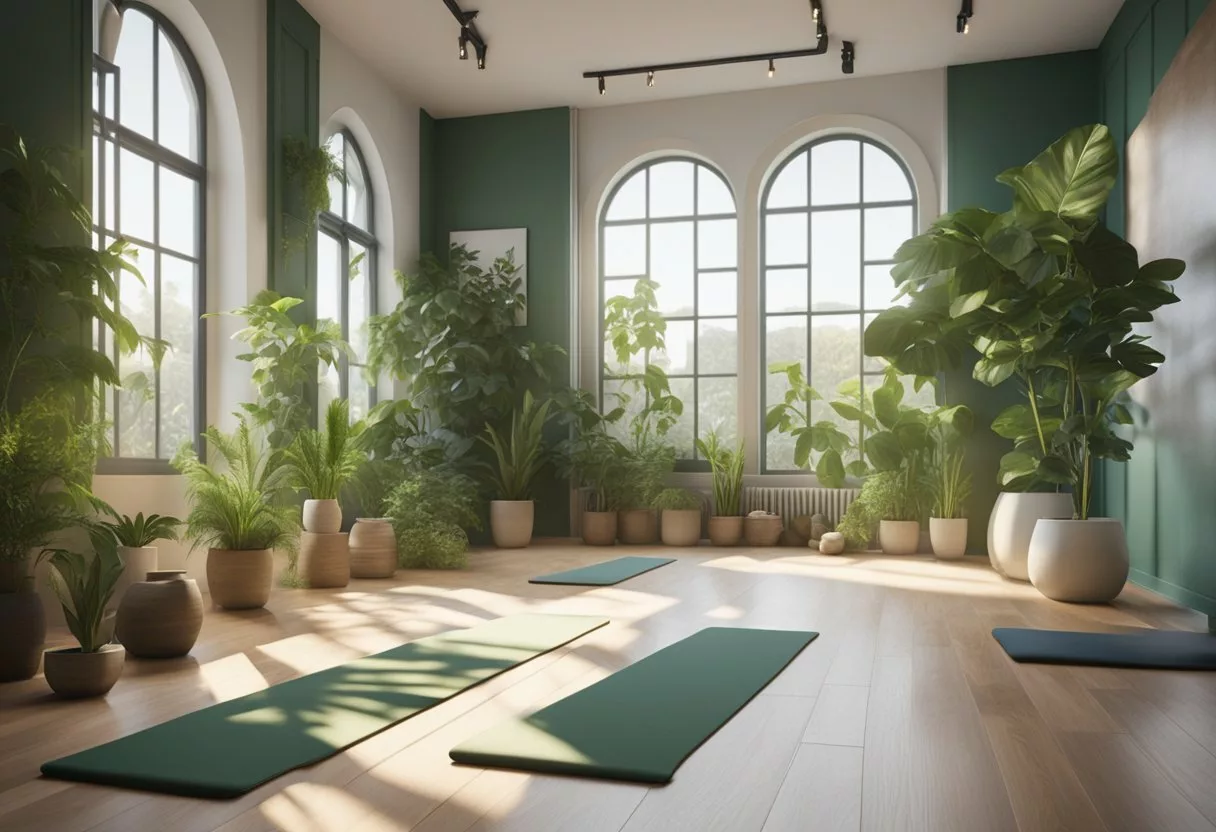 A bright, sunlit room with yoga mats and exercise equipment. Green plants and motivational quotes on the wall. A sense of energy and positivity fills the space