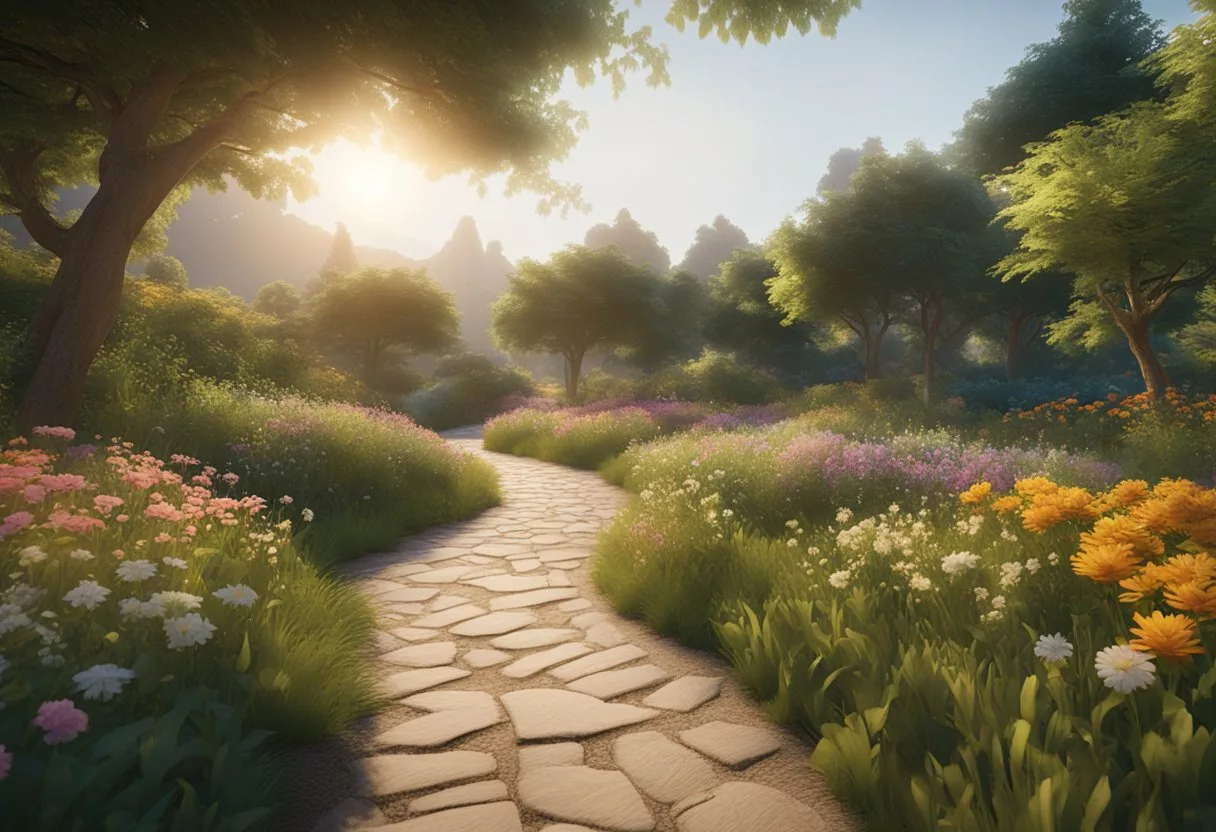 A bright sun rises over a serene landscape. A winding path leads through lush greenery, with colorful flowers and butterflies. The air is filled with a sense of calm and tranquility, evoking a feeling of peace and contentment