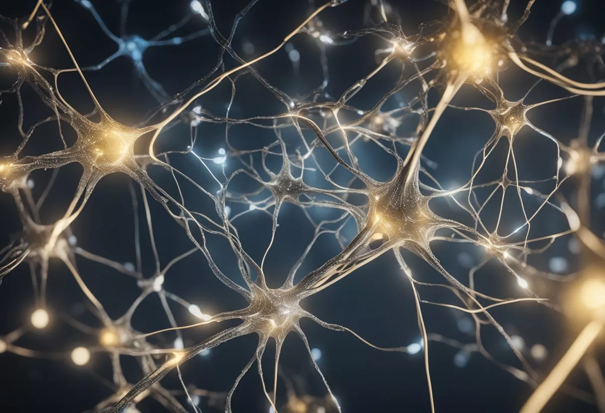 A network of interconnected neurons firing and forming new connections, surrounded by various stimuli and environmental factors