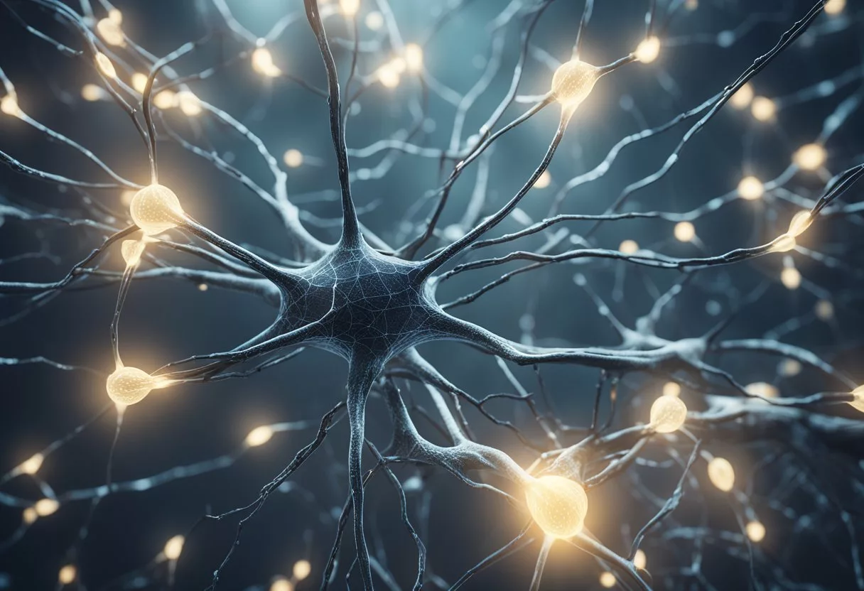 Neurons forming new connections, glowing with energy, surrounded by a web of neural pathways