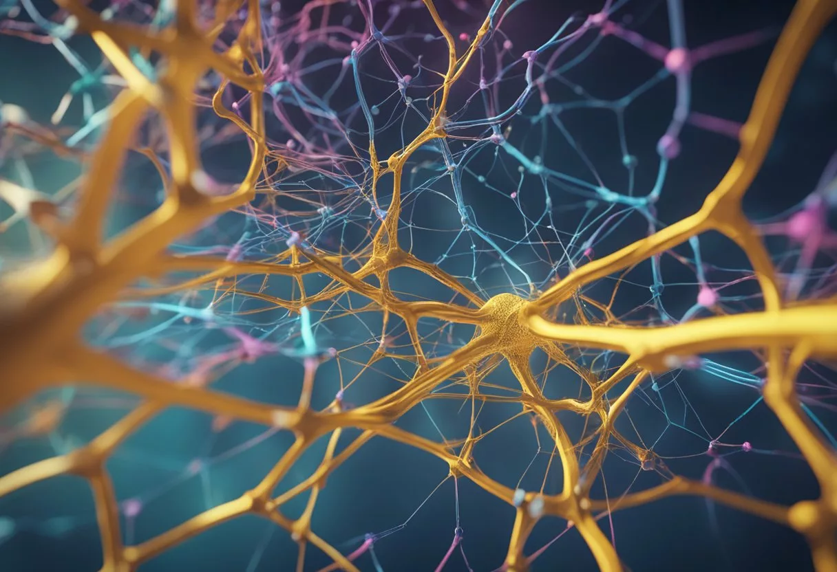 A vibrant network of neural connections, symbolizing brain plasticity and health, with various pathways and synapses branching out in all directions