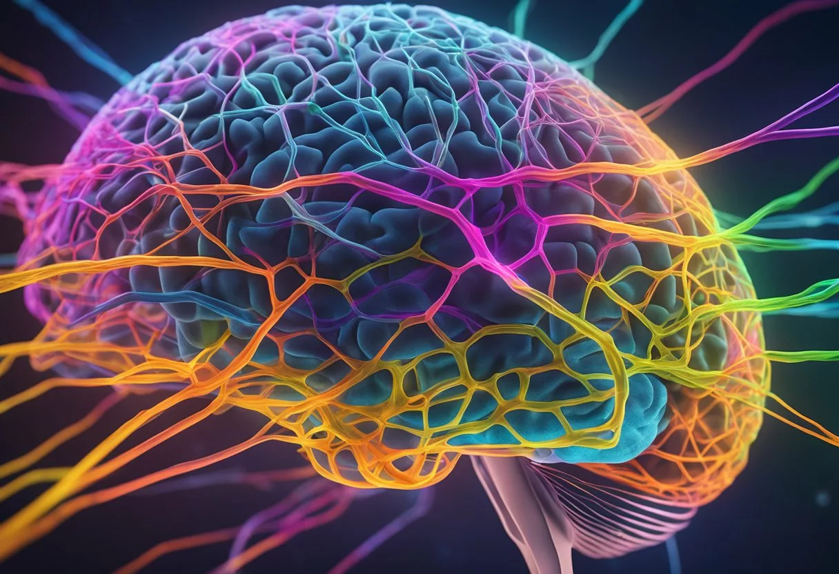 A brain surrounded by neural connections, with vibrant colors representing different areas of research and clinical approaches to brain plasticity and health