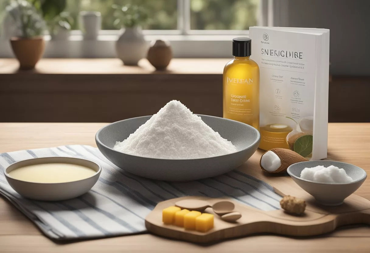 A table with ingredients (zinc oxide, coconut oil, shea butter, and essential oils) and measuring tools. Sunscreen recipe book open to a page with step-by-step instructions