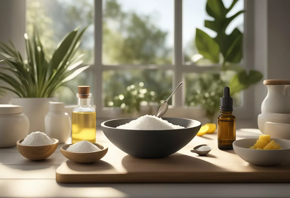 A table with ingredients: coconut oil, shea butter, zinc oxide, and essential oils. A mixing bowl, measuring spoons, and a whisk. A sunny window in the background